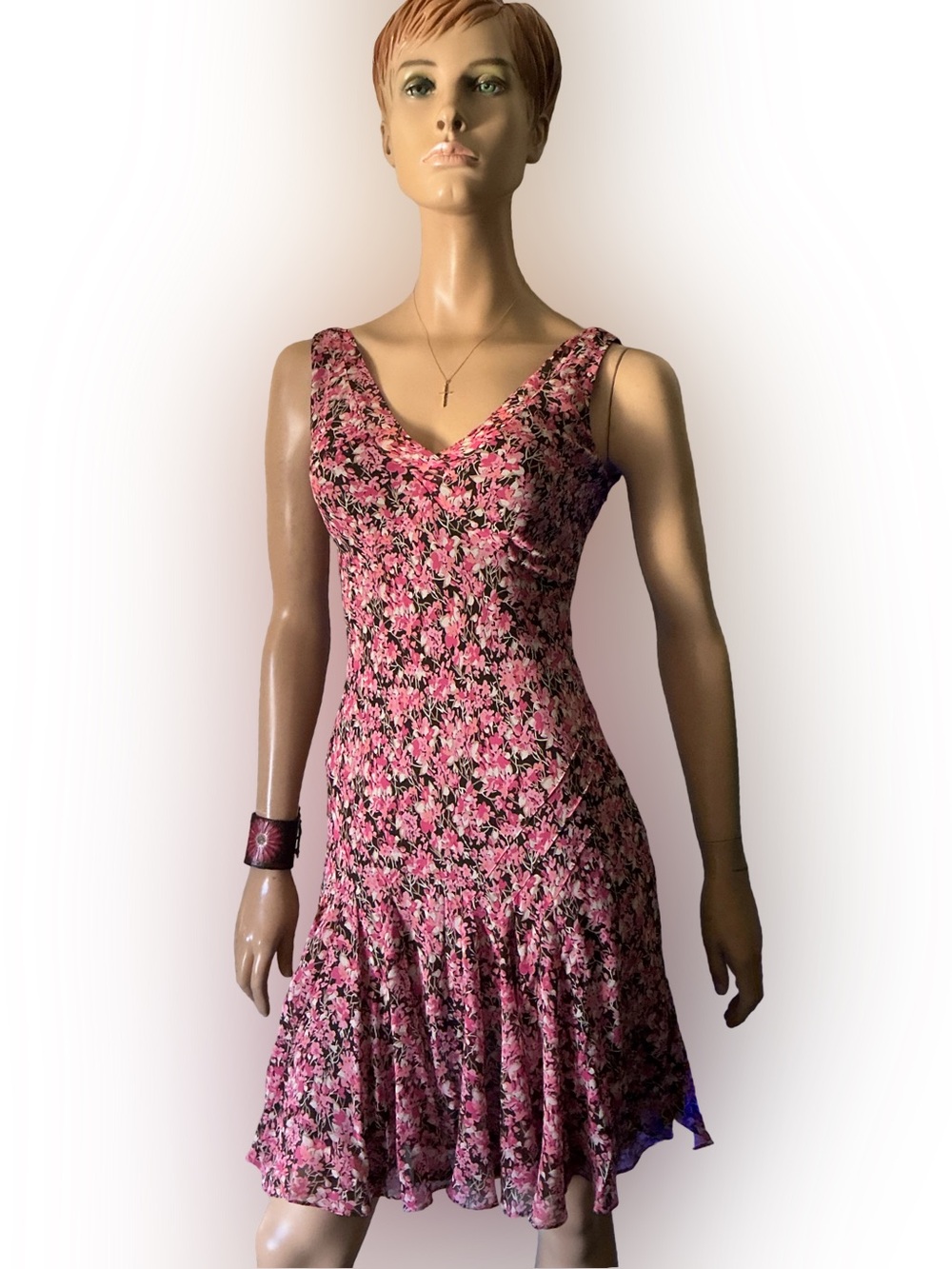 ANN TAYLOR LOFT SILK FLORAL PINK & BROWN SLEEVELESS V-NECK DRESS Sz S or 0